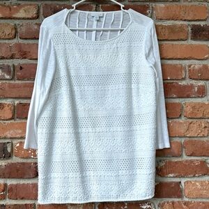 J. Jill White Floral Embroidery 3/4 Sleeve Cotton Knit Top Tunic SP